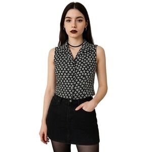 RIPE 90s Daisy Floral Blouse Black White Sleeveless Soft Grunge‎ Indie Y2K